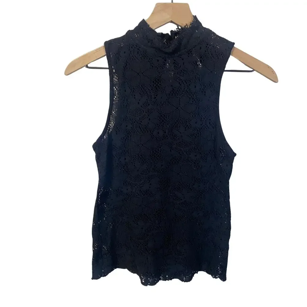 Free People Pretty Sure Black Lace Top High Neck Keyhole Back Fitted Sz XS